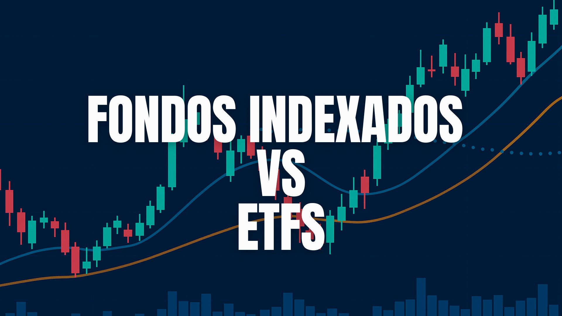 Ilustración de la rivalidad entre Fondos Indexados y ETFs con una grafica creciente de fondo.