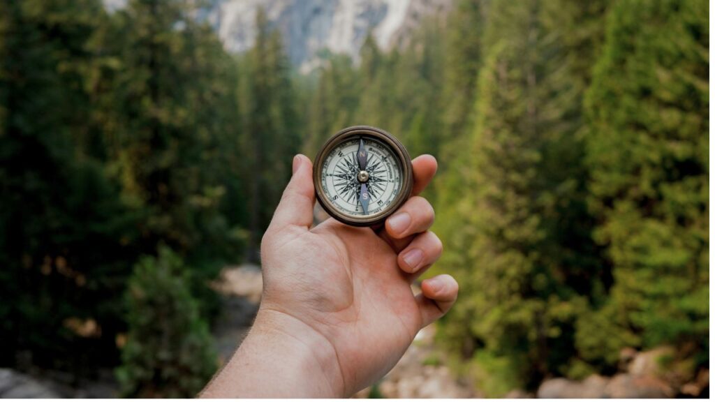 Brújula antigua de metal con bosque de fondo, simbolizando la dirección y la planificación financiera