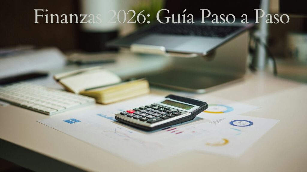 Calculadora moderna sobre una mesa de trabajo con hojas de papel y presupuestos financieros para 2026