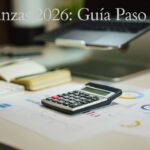 Calculadora moderna sobre una mesa de trabajo con hojas de papel y presupuestos financieros para 2026